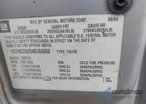 2004 GMC Sierra 2500Hd Work Truck from USA, damaged, VIN 1GTHC29U34E369360